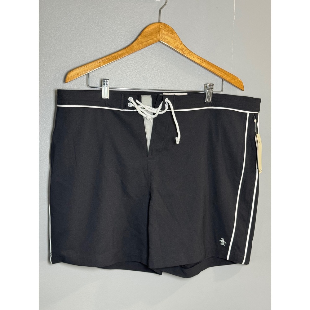 Original Penguin Mens Board Shorts Swim‎ Trunks Black White Piping OPSB0040OP 38